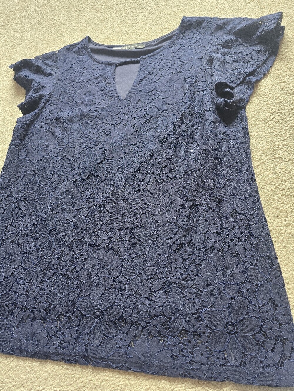 Adrianna Papell Navy Floral Lace Flutter Sleeve Top Womens Size Large